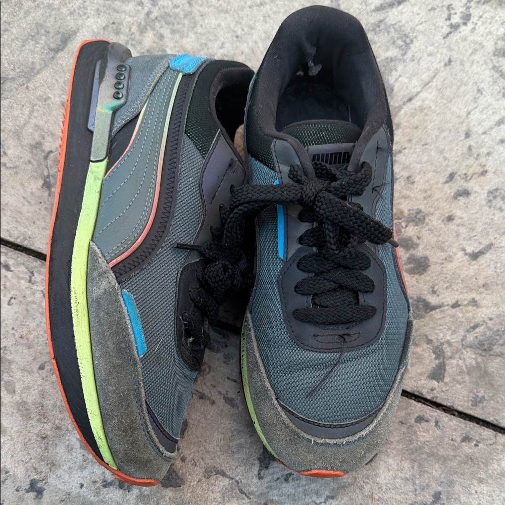Puma Gray and Black Low-Top Sneakers with Neon Accents